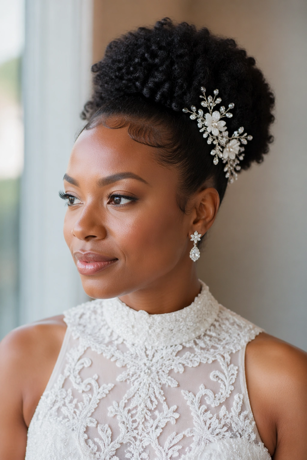 Bride with updo complementing a high-neck dress.