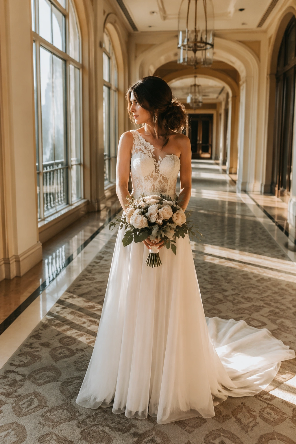 Bride with a Side-Swept Messy Bun walking in a sunlit wedding venue.