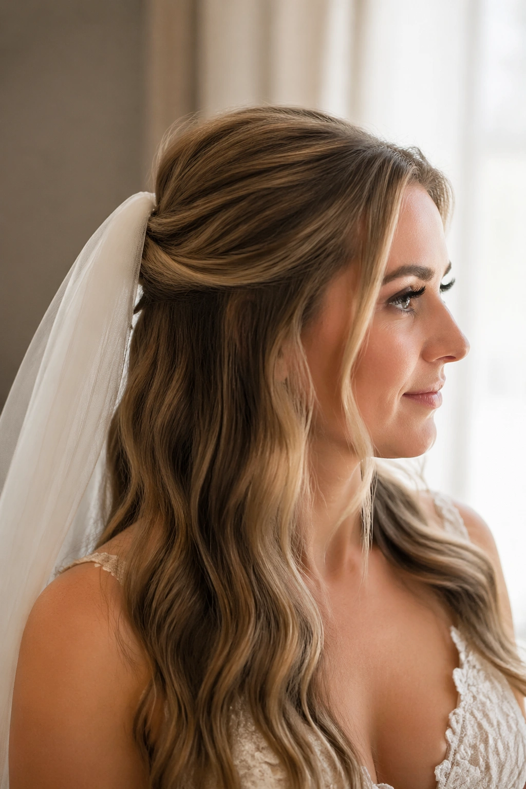 Close-up bride with tucked-back waves and veil anchor