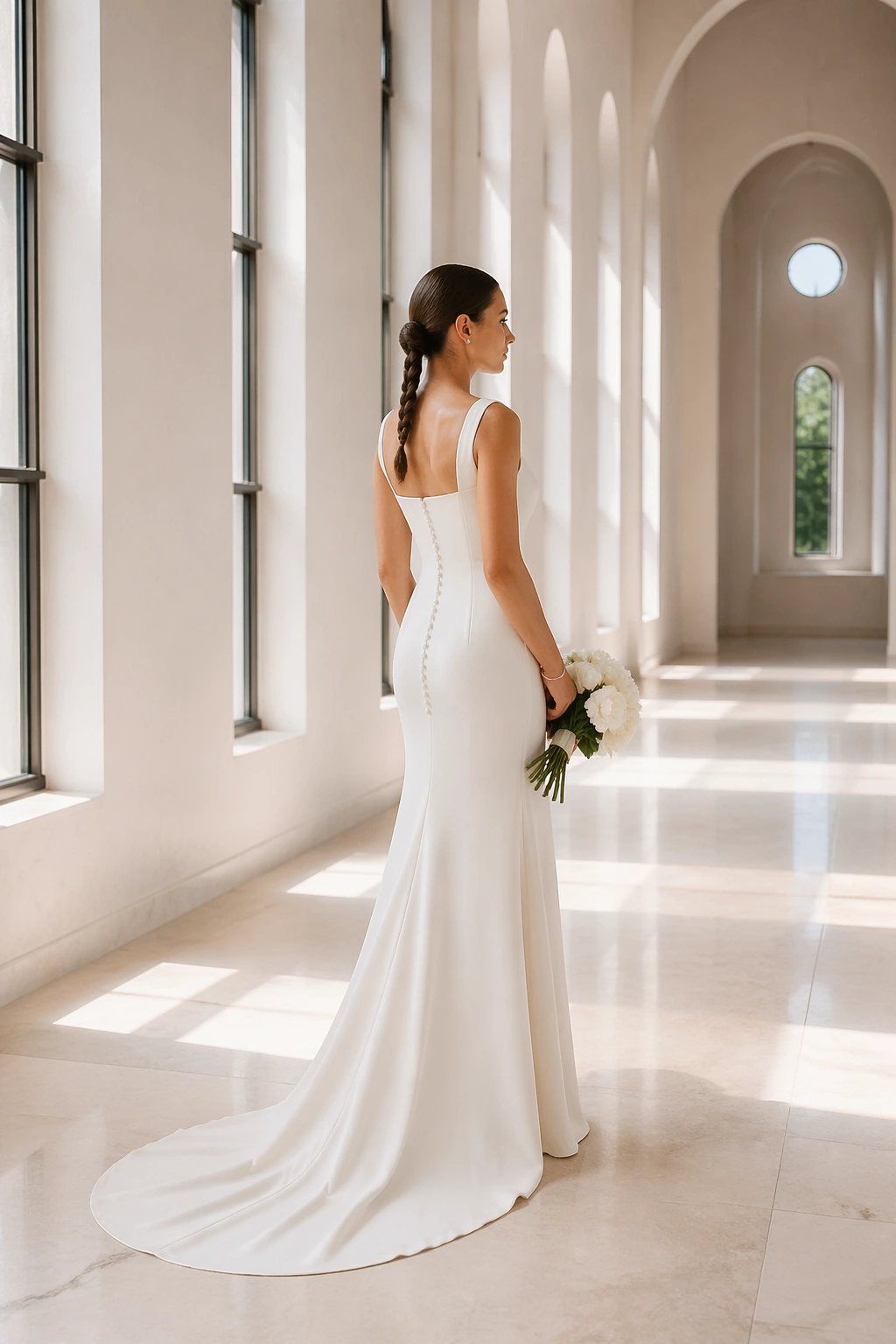 Bride with center-part braid ponytail in a bright corridor.
