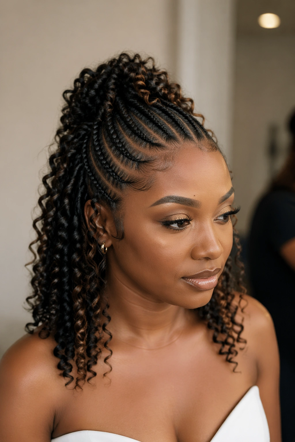 Close-up portrait of a Black bride with cornrows and defined ringlets in a dressing room