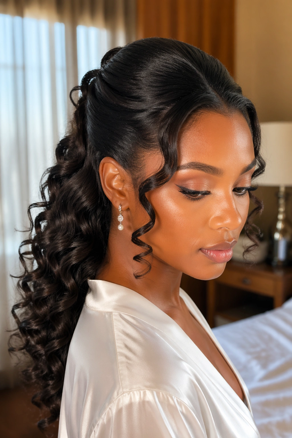 Close-up portrait of a Black woman wearing a sleek crown with loose spiral curls in a sunlit bedroom