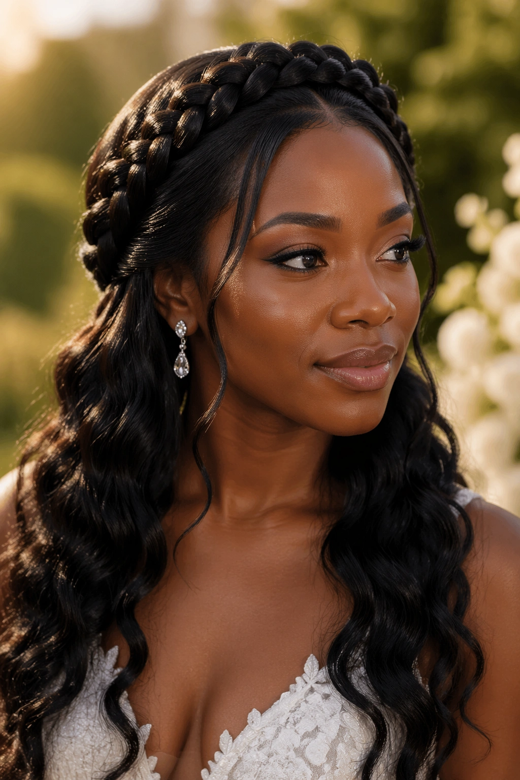 Close-up portrait of a Black bride with a braided halo and cascading waves outdoors at golden hour