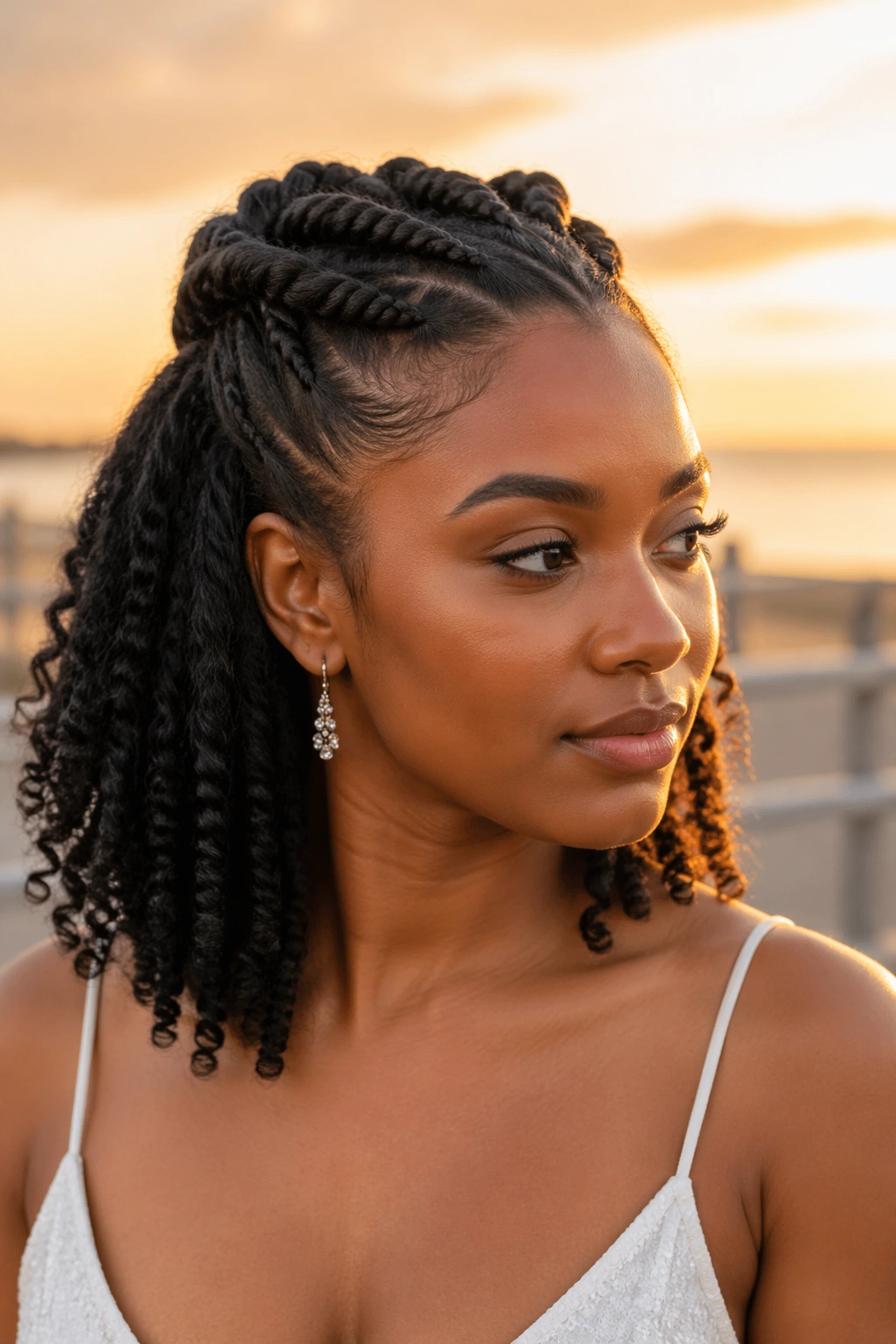 Close-up portrait of a Black bride with rope twists half-up and low curls on a beach at sunset