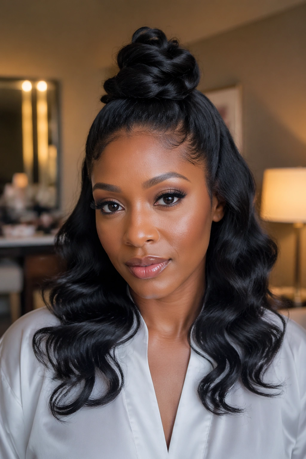 Close-up portrait of a Black bride with a twisted top knot and flowing body waves