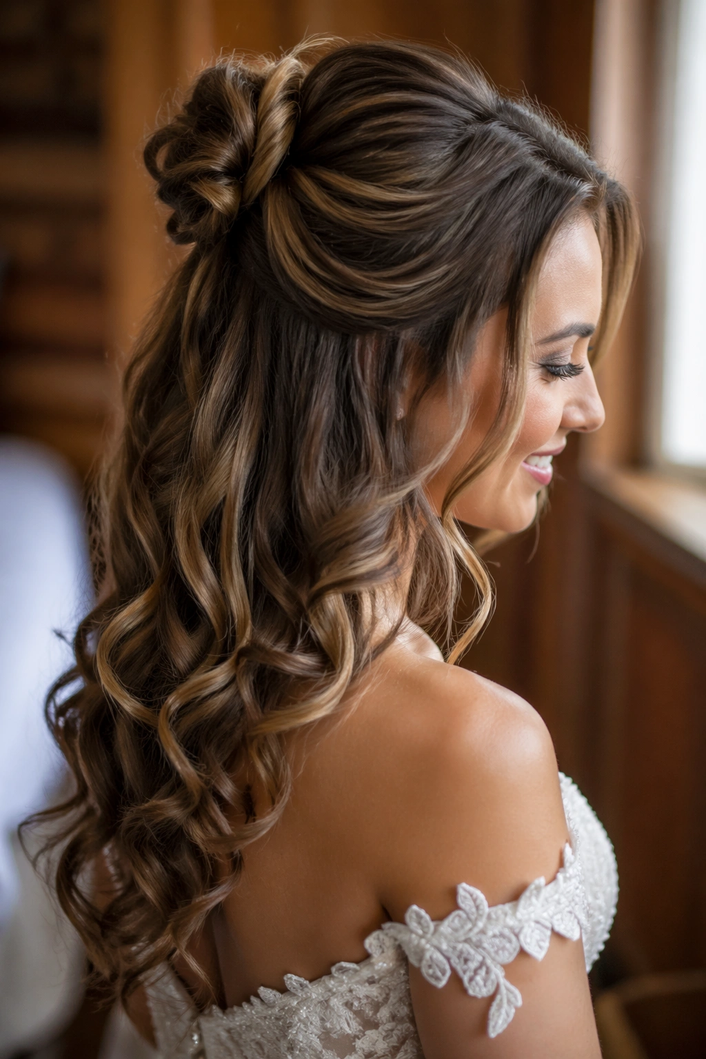 Bride with half-up top knot and cascading curls