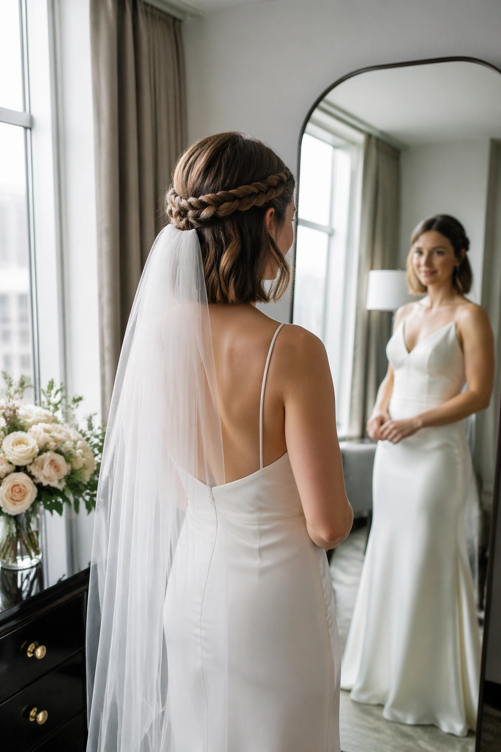 Short bob with braided headband half up, veil behind, in a bright bridal suite.