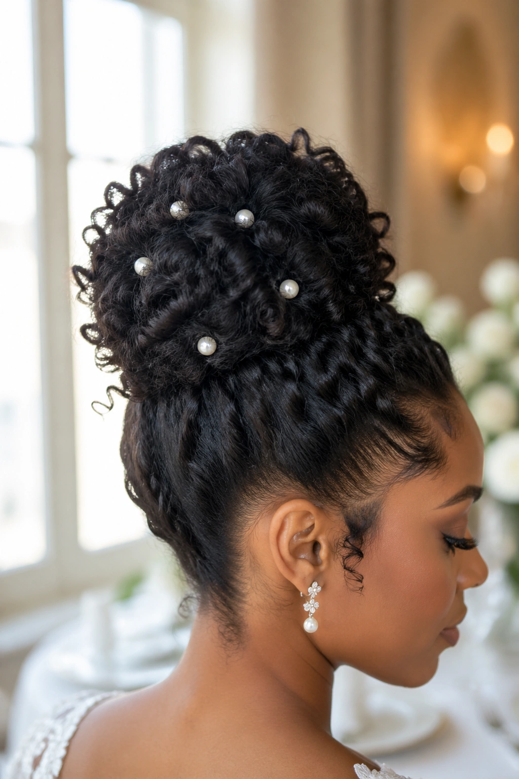 Bridal high bun with pearl pins on a real person