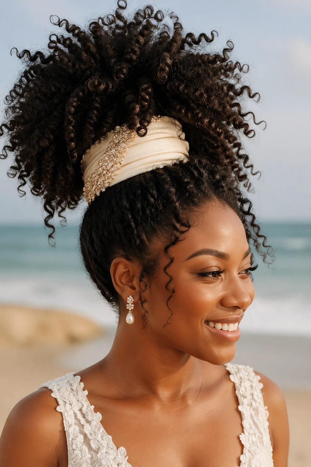 Close-up of a real bride with Bridal Pineapple and Embellished Wrap on a beach.
