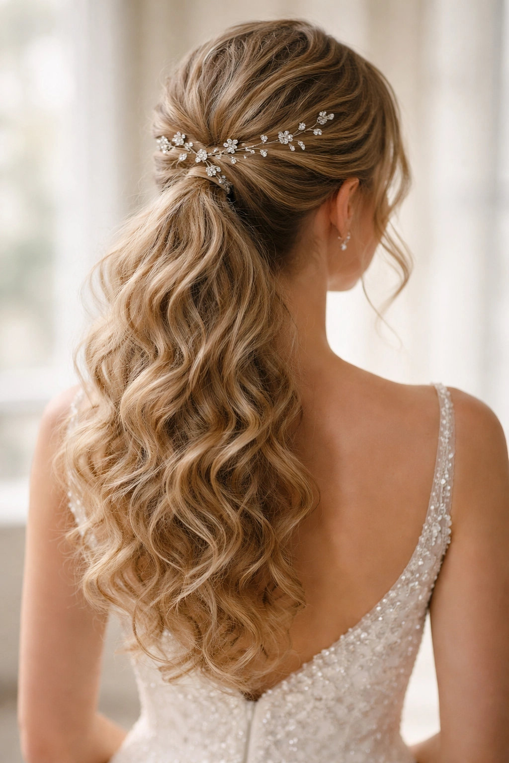 Bridal ponytail accented by crystal pins along the crown and twist