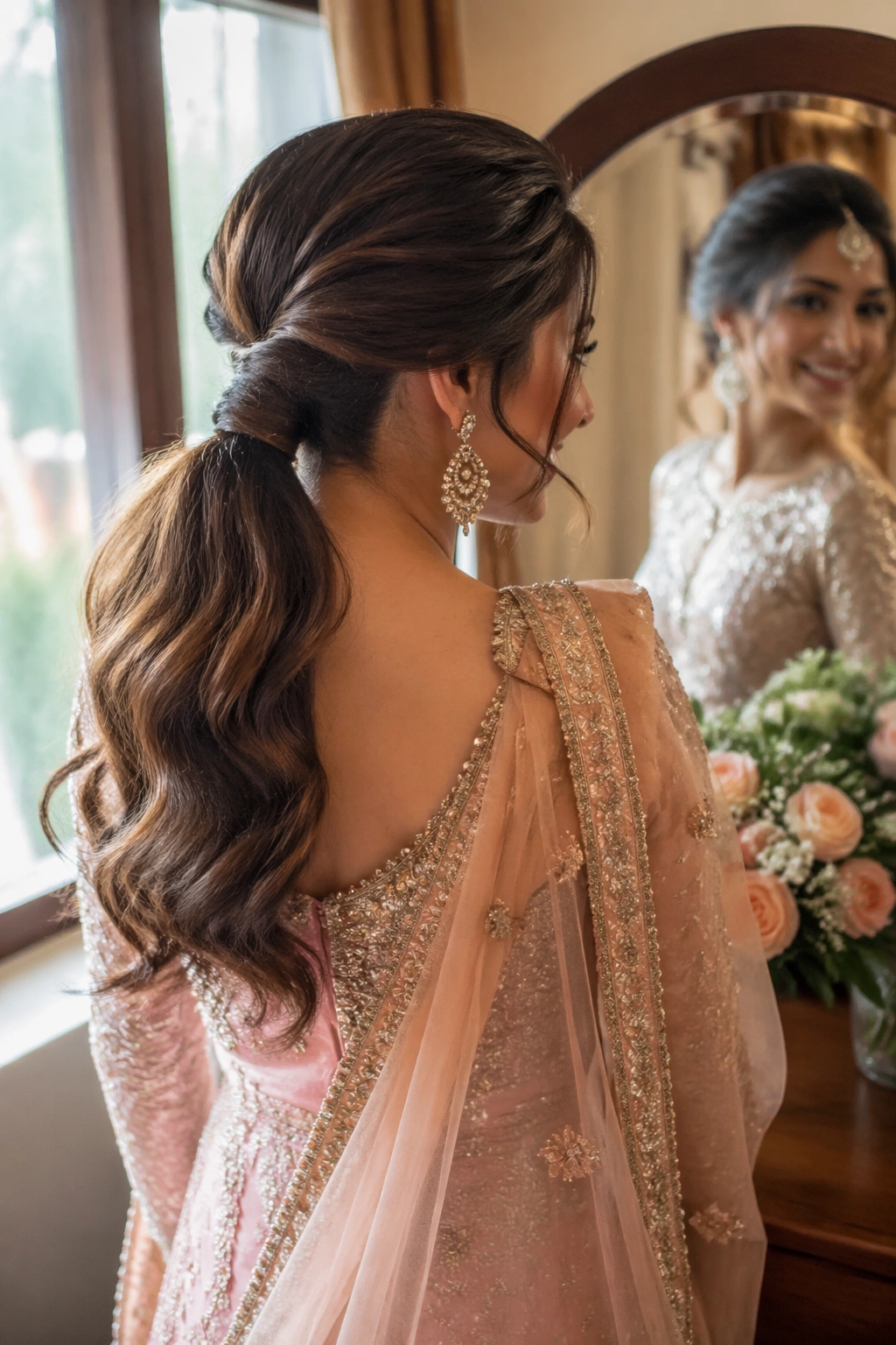 Over-the-shoulder view of dupatta-friendly bridal ponytail.