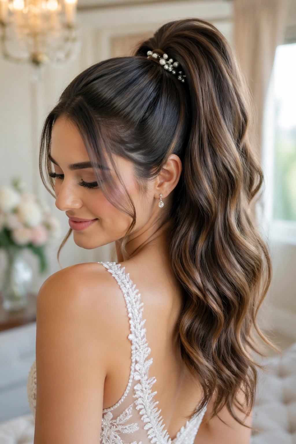 Close-up of real bride wearing a bridal high ponytail extension with wrapped base and gentle pins.