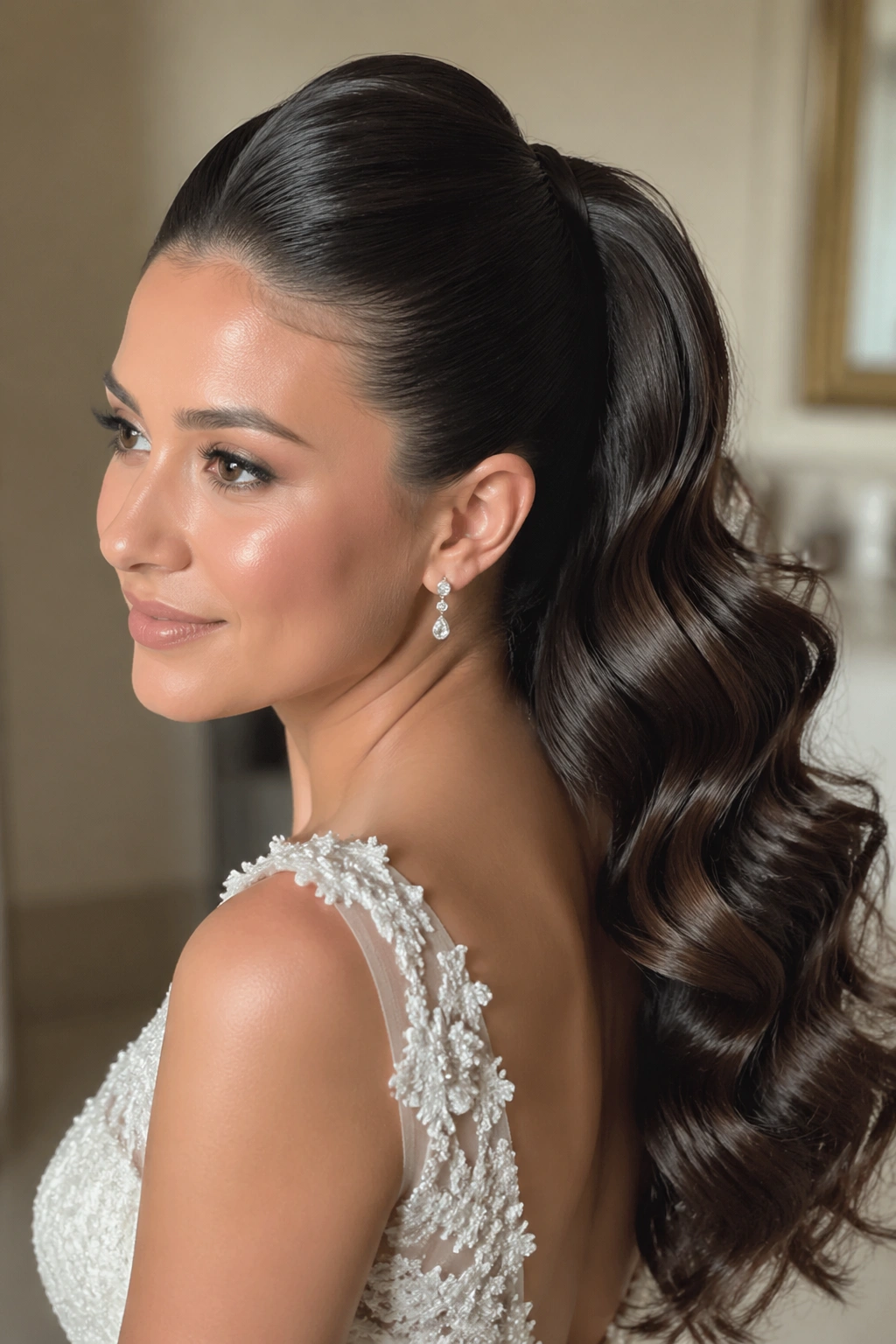 Close-up of a bride with a high gloss crown ponytail