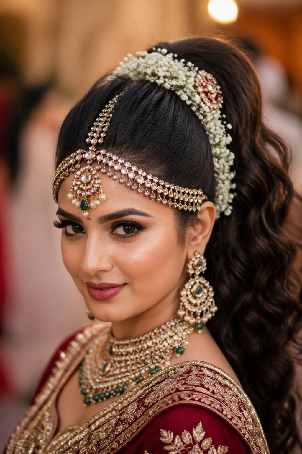 Close-up of a real bride with heavy bridal accessories in a high ponytail.