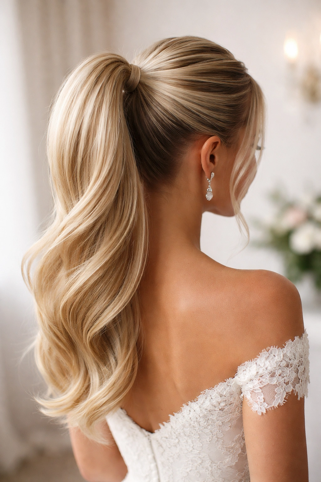 Close-up of satin-smooth bridal ponytail with high root lift and glossy shine