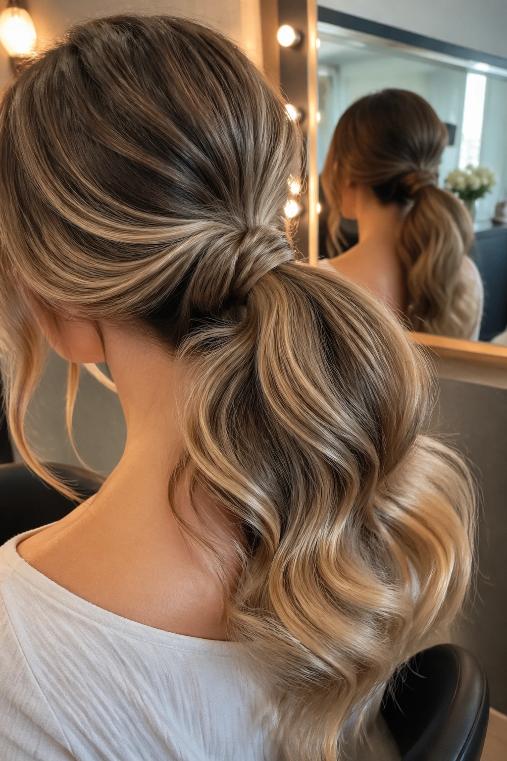 Close-up of romantic ponytail with oversized wave ends in a salon.