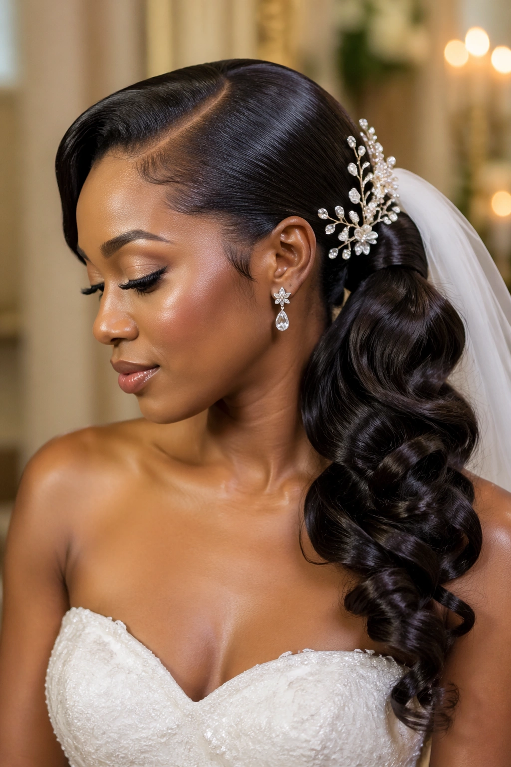 Close-up of a real bride-like woman with a formal side-part ponytail and subtle crystal pins.