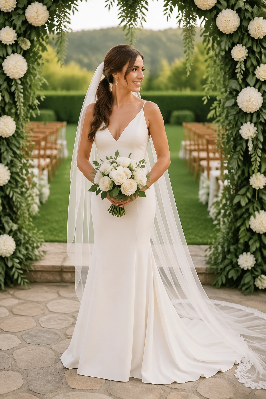 Bridal side ponytail with veil under a floral arch in daylight.