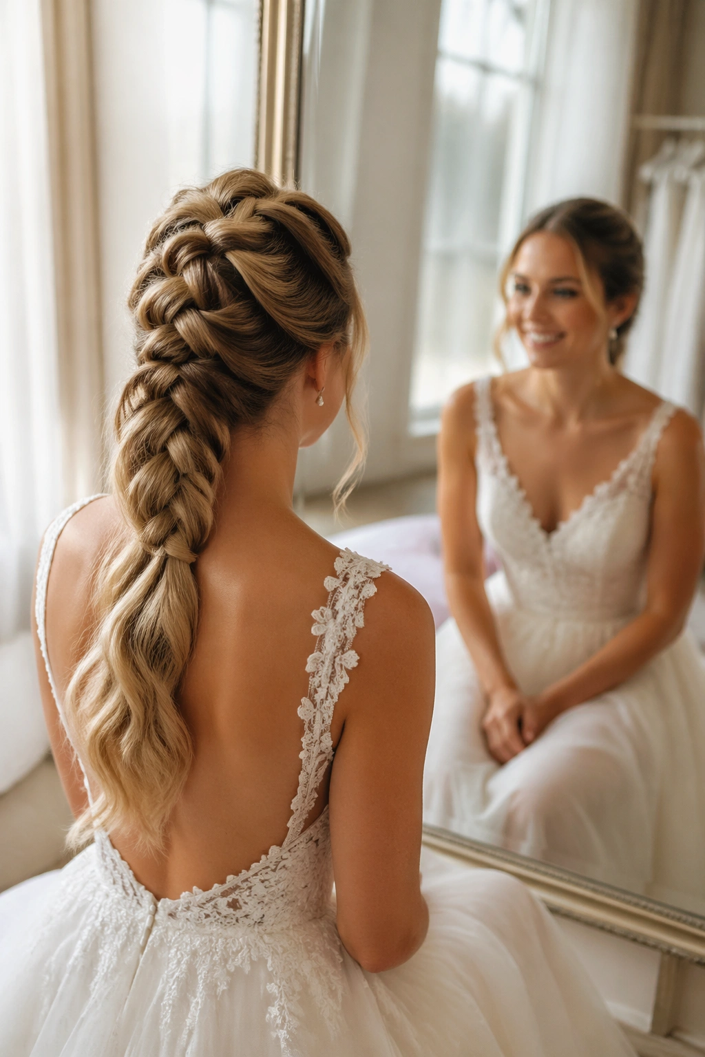 Over-the-shoulder view of Dutch braid ponytail