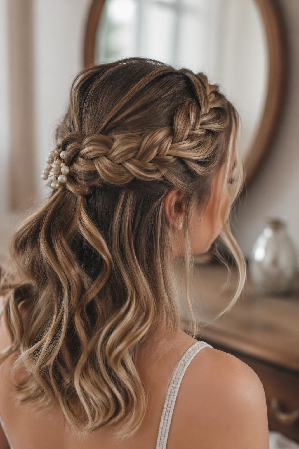 Close-up of a soft crown braid on medium hair at a bridal vanity.