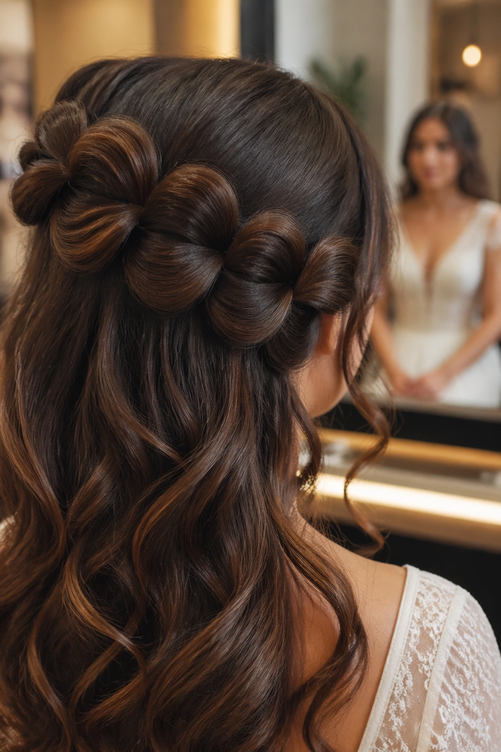 Brunette bubble braid close-up in bridal salon