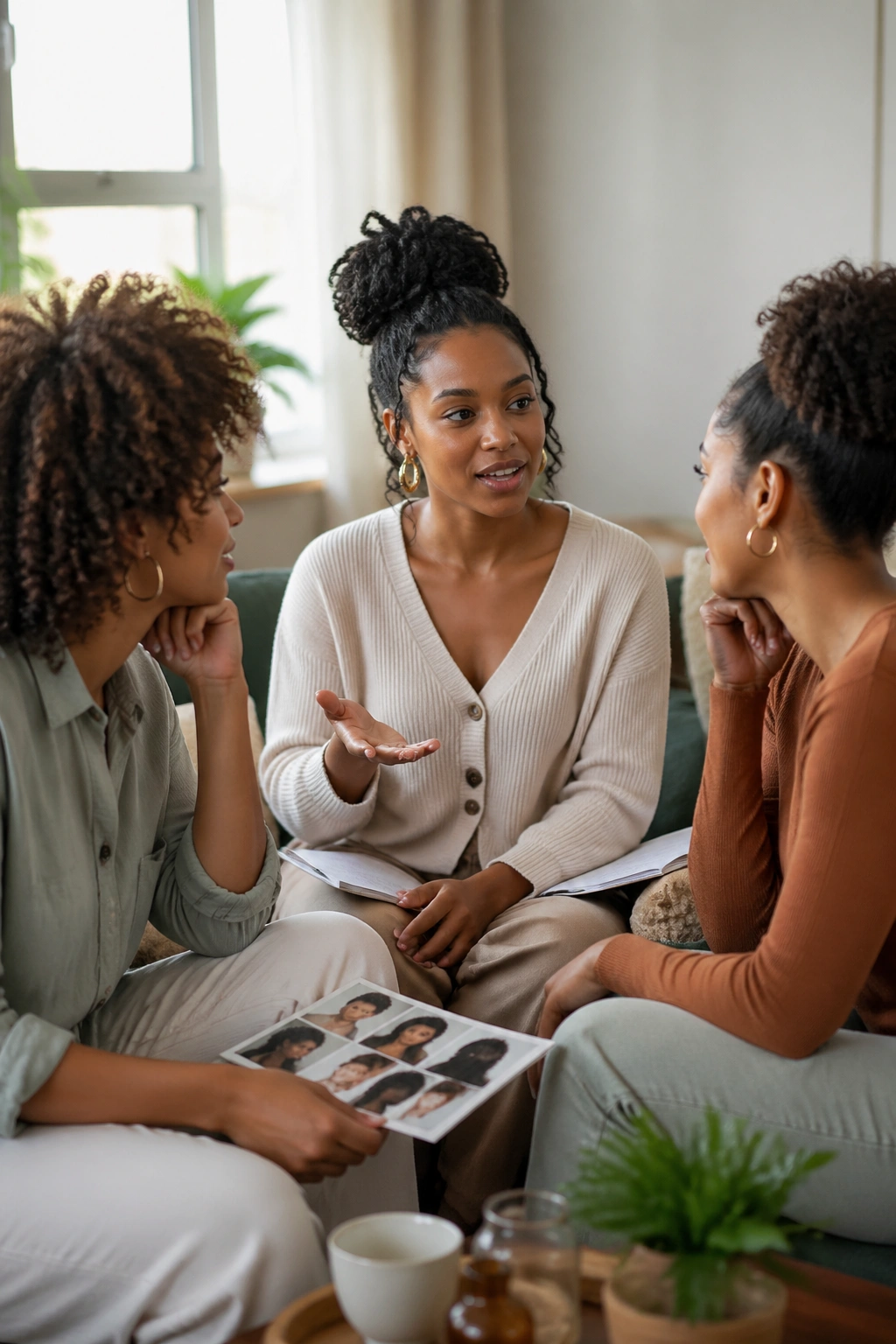 Calm collaboration in conversation about bridesmaid hair among friends