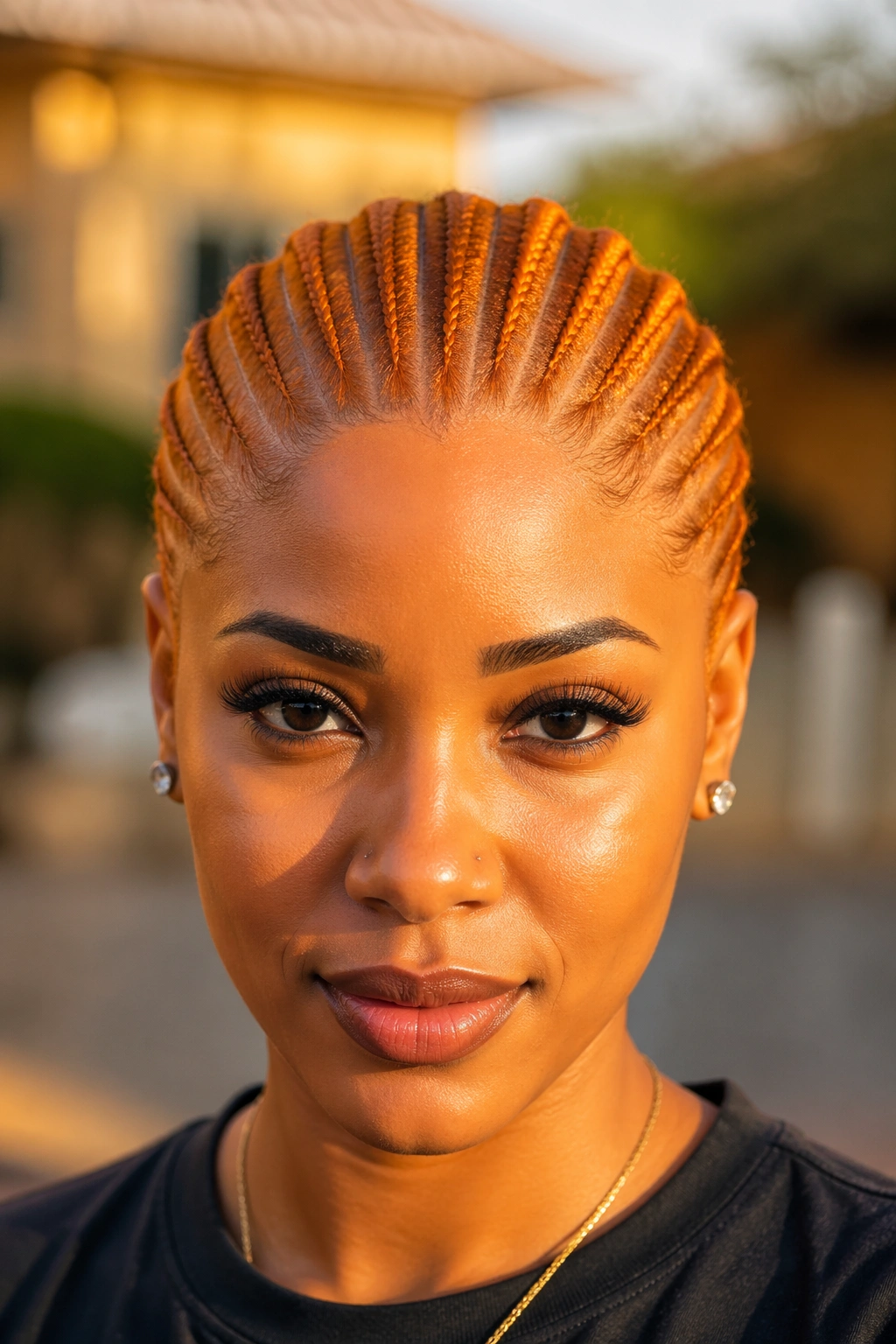 Close-up of bright ginger straight-back cornrows on a real woman in golden hour outdoor light