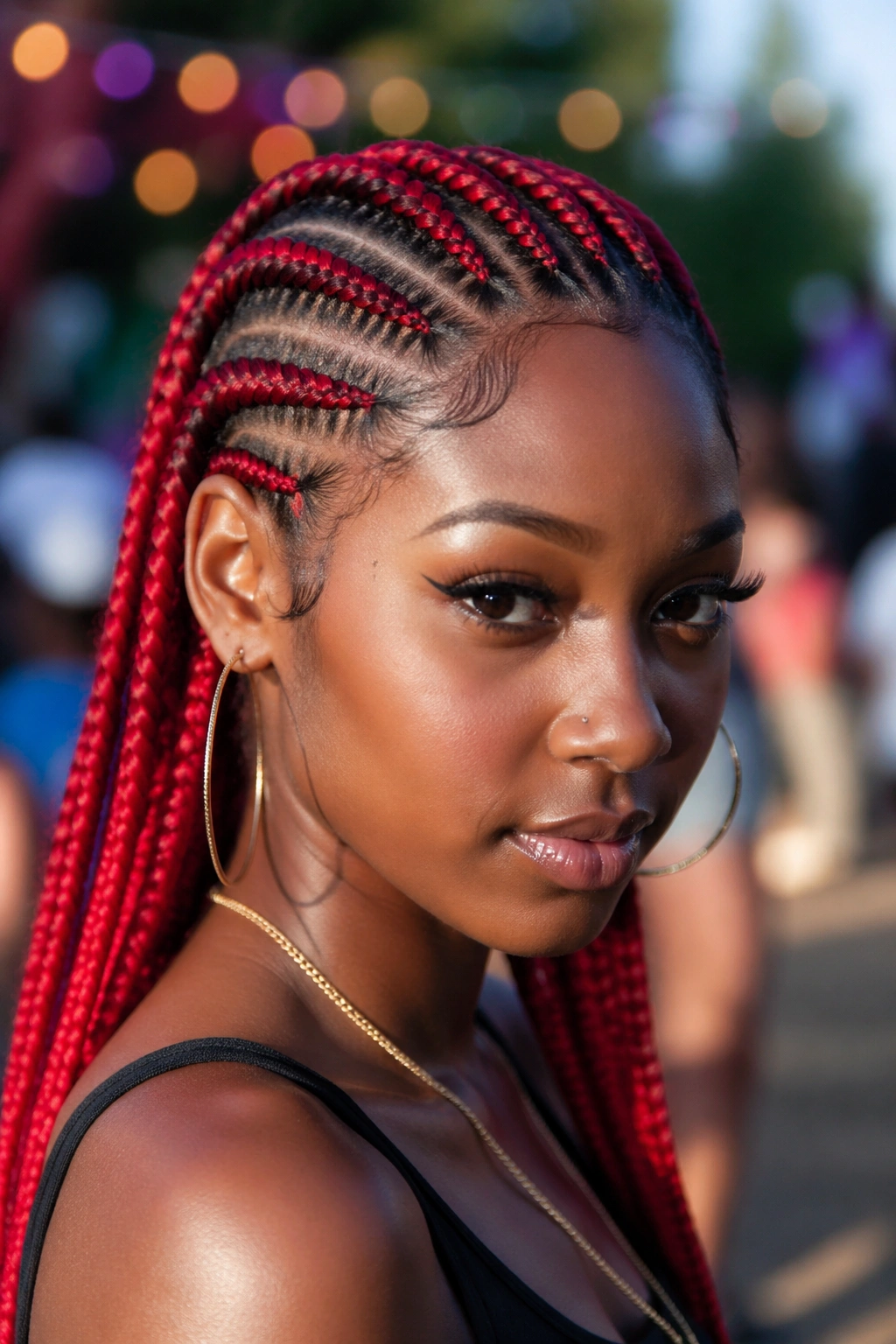 Close-up of real woman with bright red cornrow feed-ins making a bold statement.