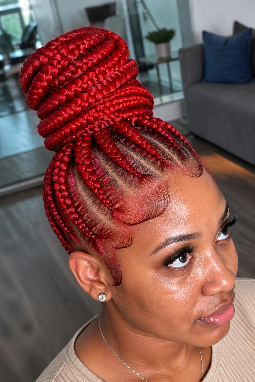 Real person with bright red cornrow feed-ins styled into a high bun