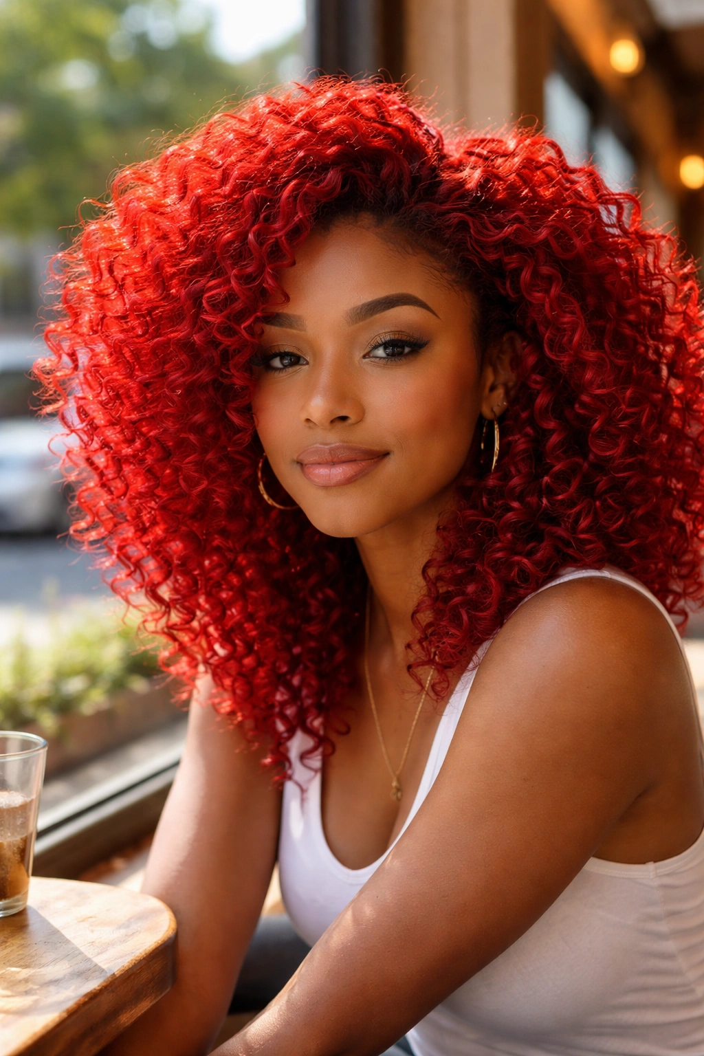 Close-up of bright red curly hair on a real person