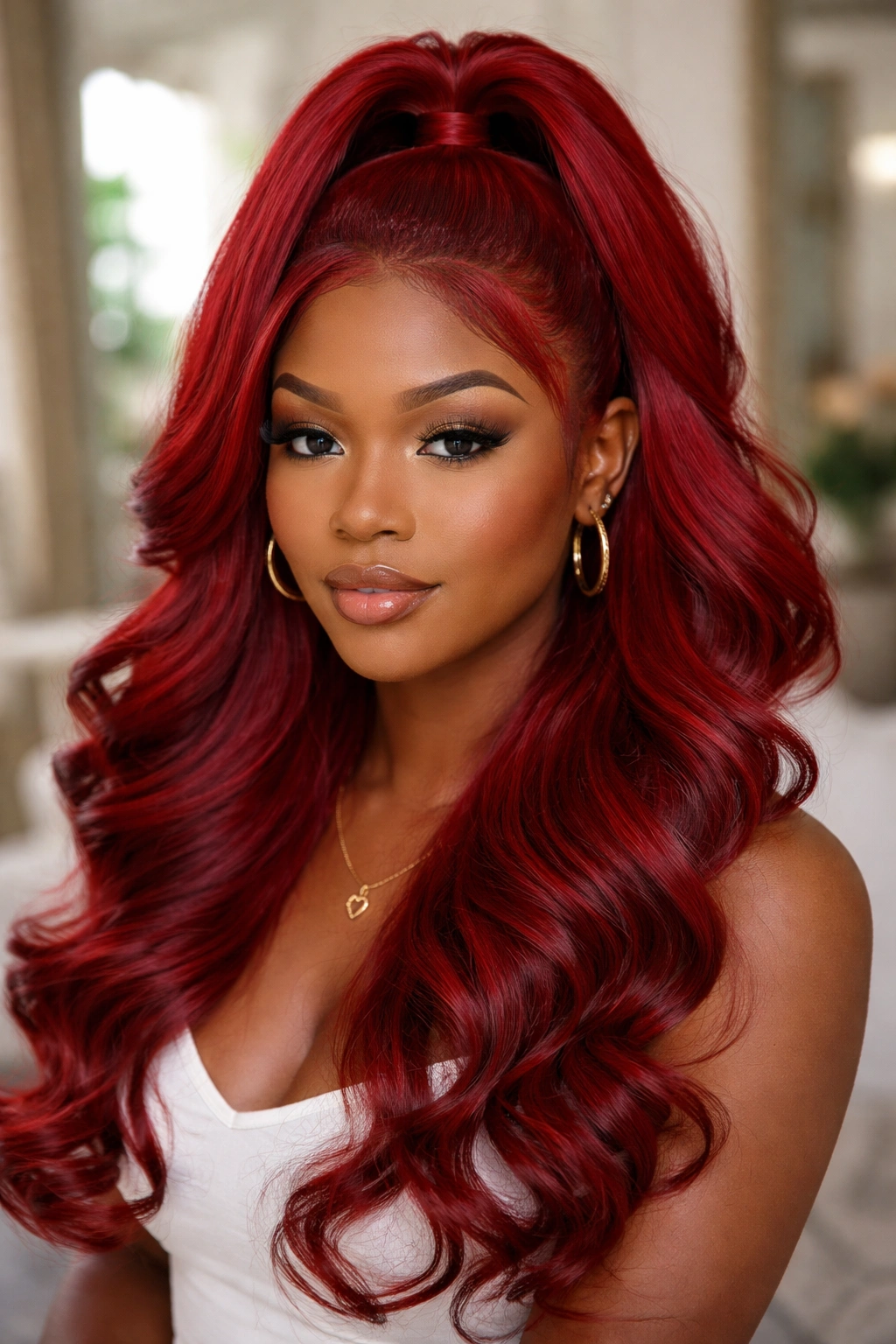Real woman with bright red silk press half-up style and body curls