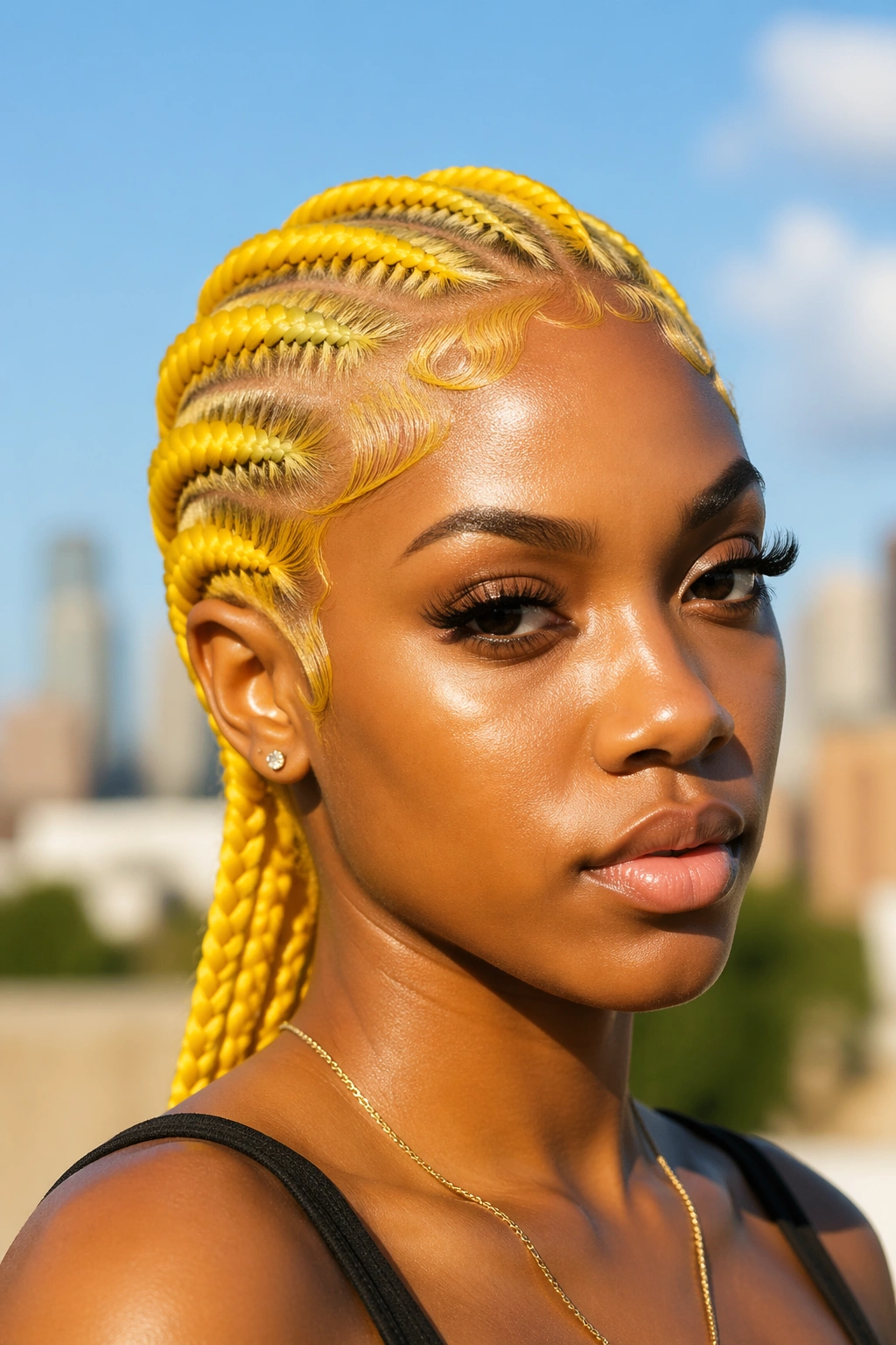 Close-up of a real woman with bright canary-yellow cornrows outdoors