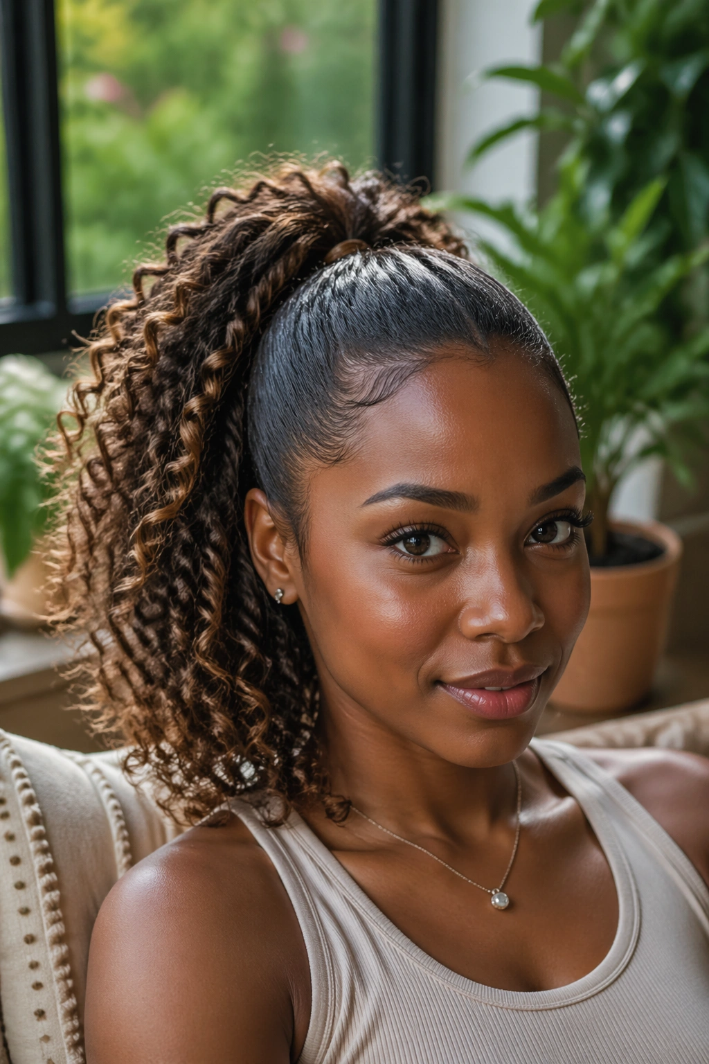 Close-up of a real woman with bronde curly ponytail in natural light