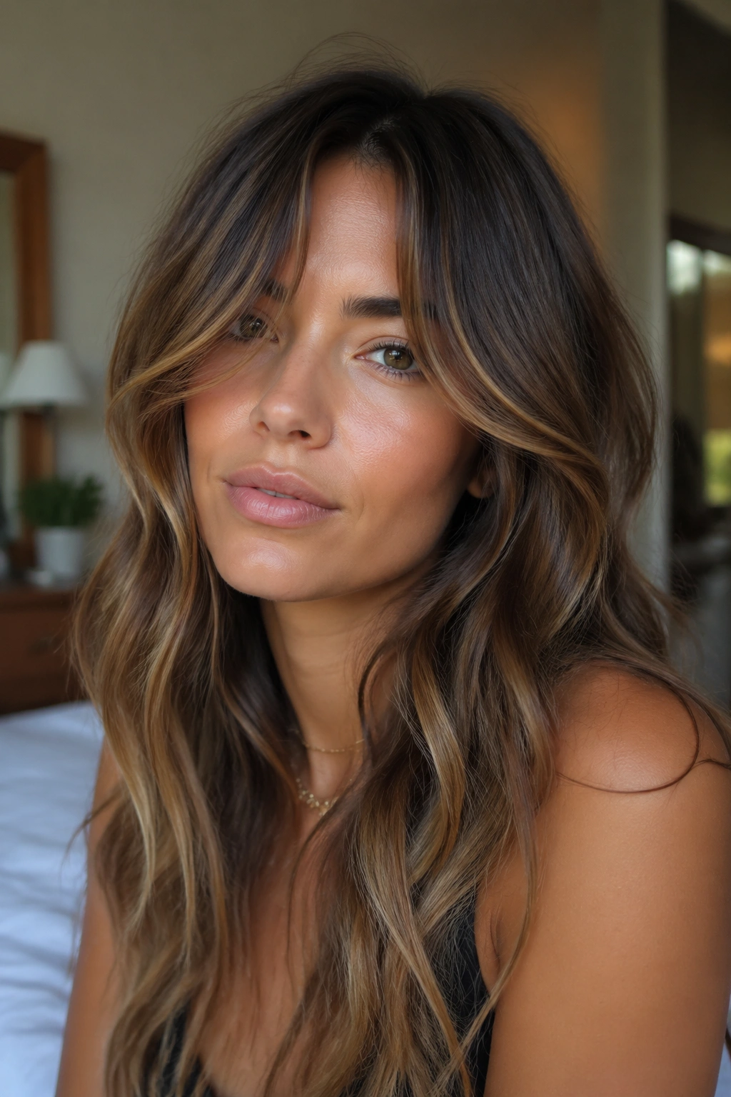 Close-up of a real woman with bronde waves and grown-out curtain fringe in warm window light