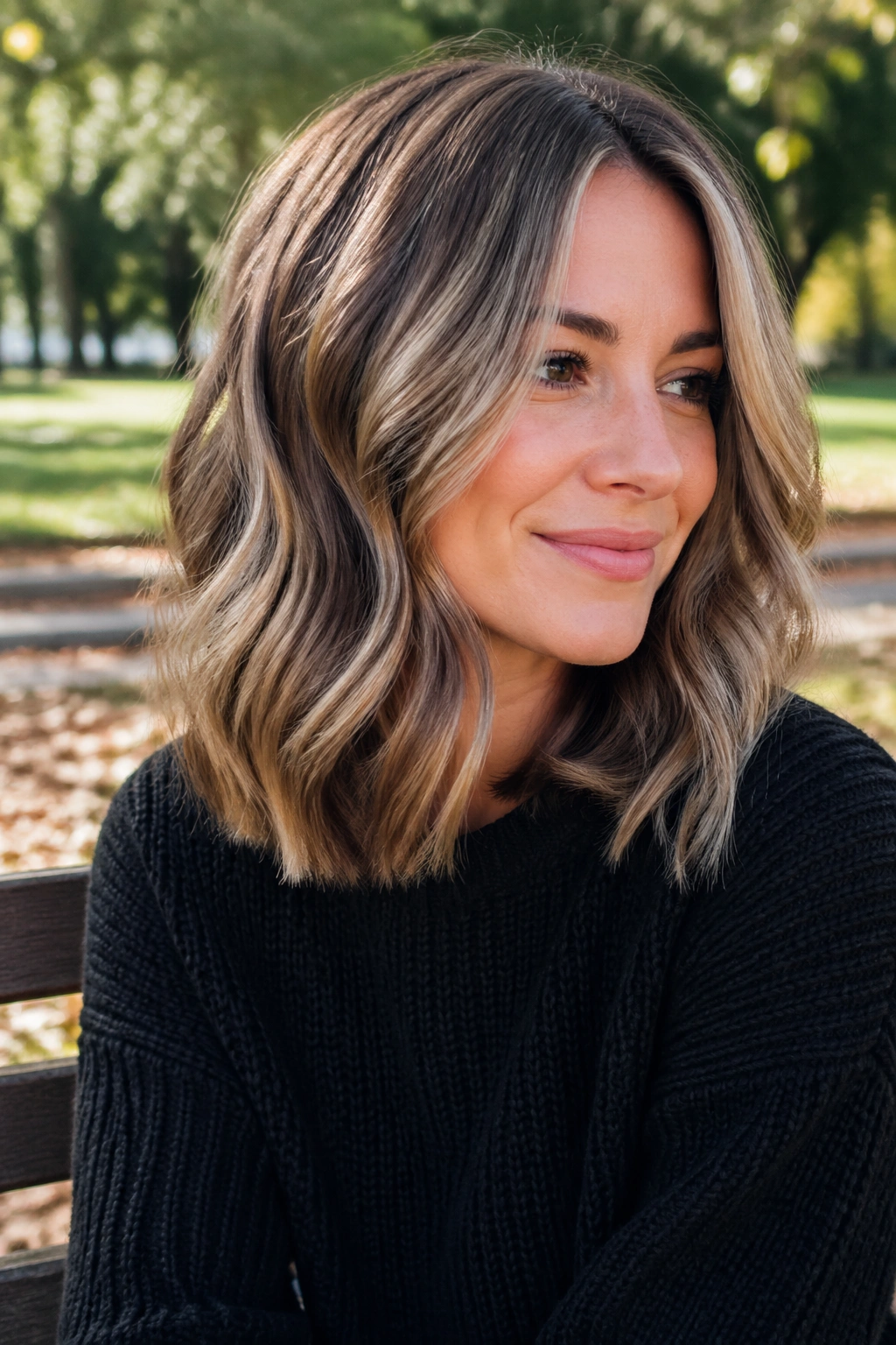 Real woman with bronde lob and ashy babylights in natural outdoor light