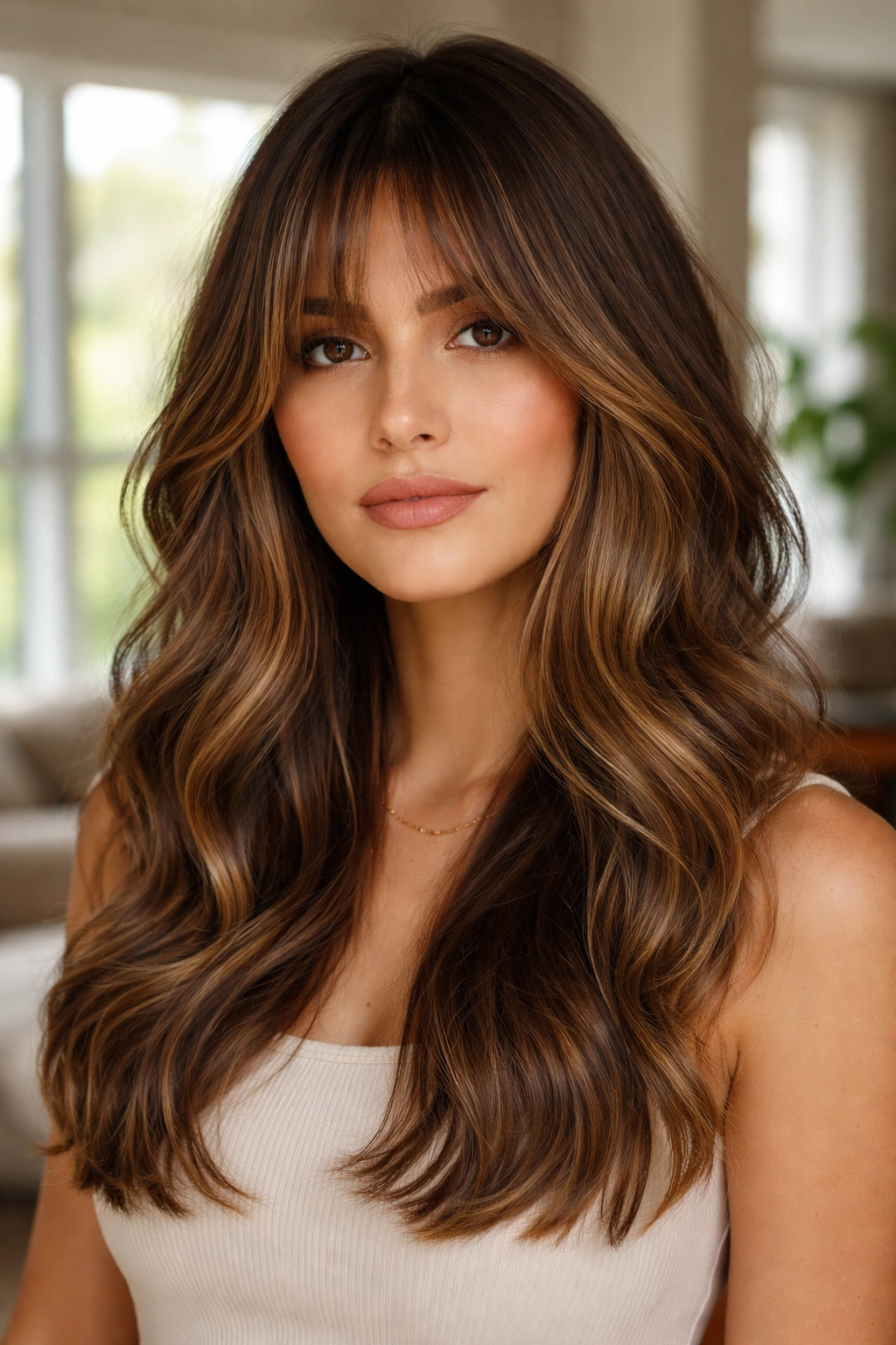 Close-up portrait of a real woman with bronde melt and airy long fringe on brunette waves under natural light