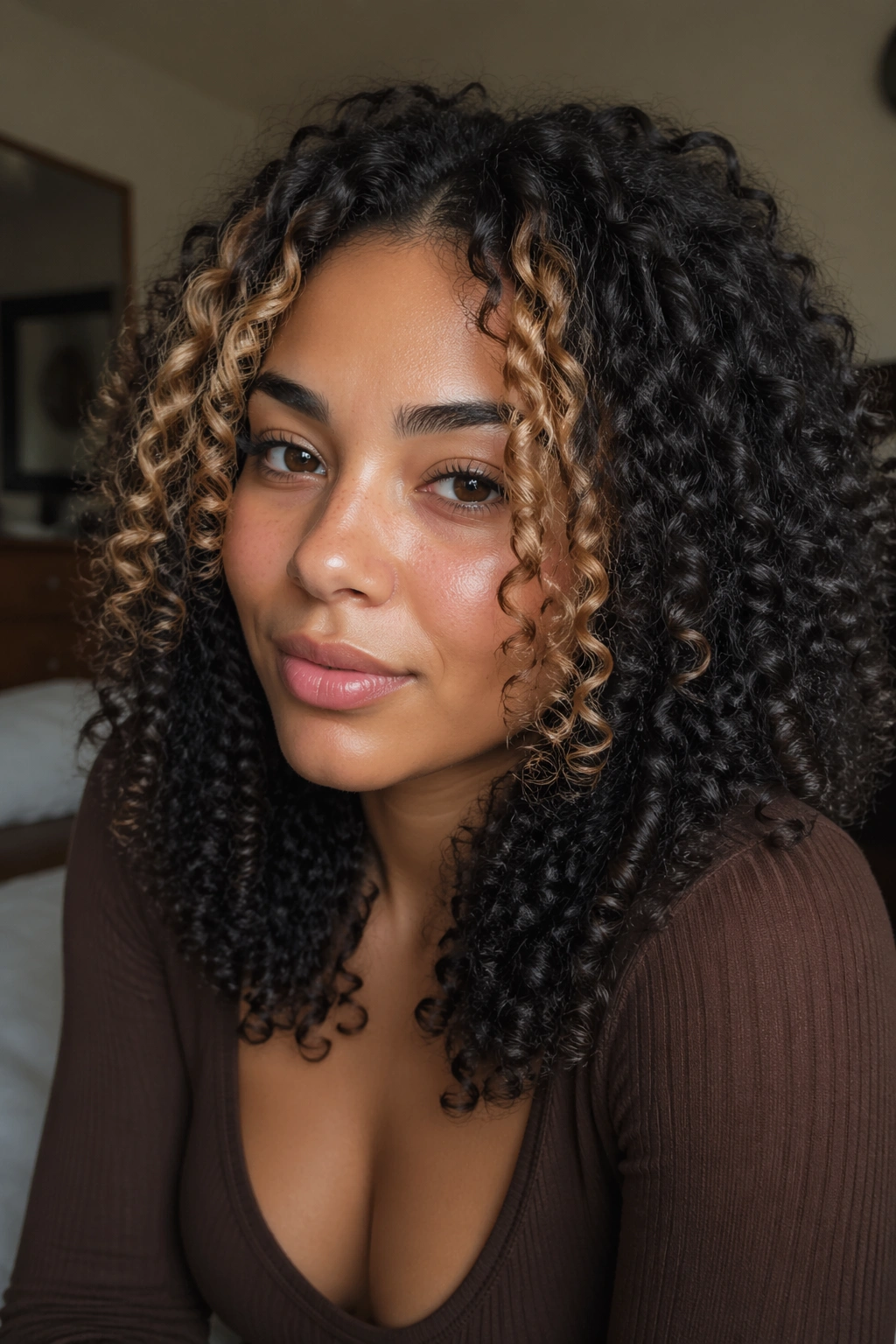 Close-up of a real woman with 3b curls and bronde money piece framing the face