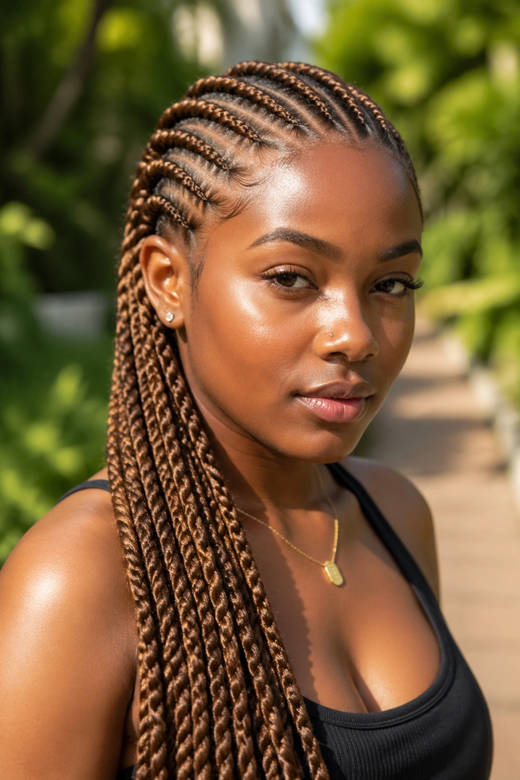 Close-up of a real person with bronze brown twisted cornrows catching light along the rope-like braids.