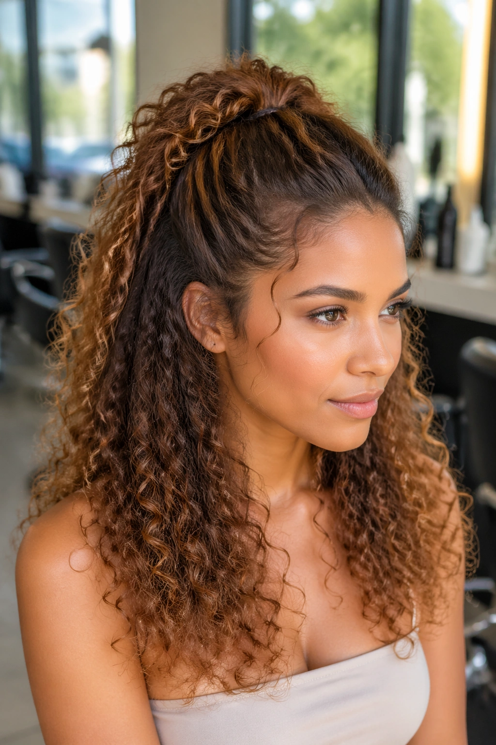 Real woman with bronze half-up ponytail in a bright salon setting