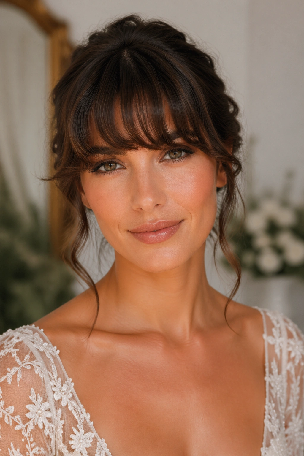 Bride with brow-grazing wavy bangs and polished finish.