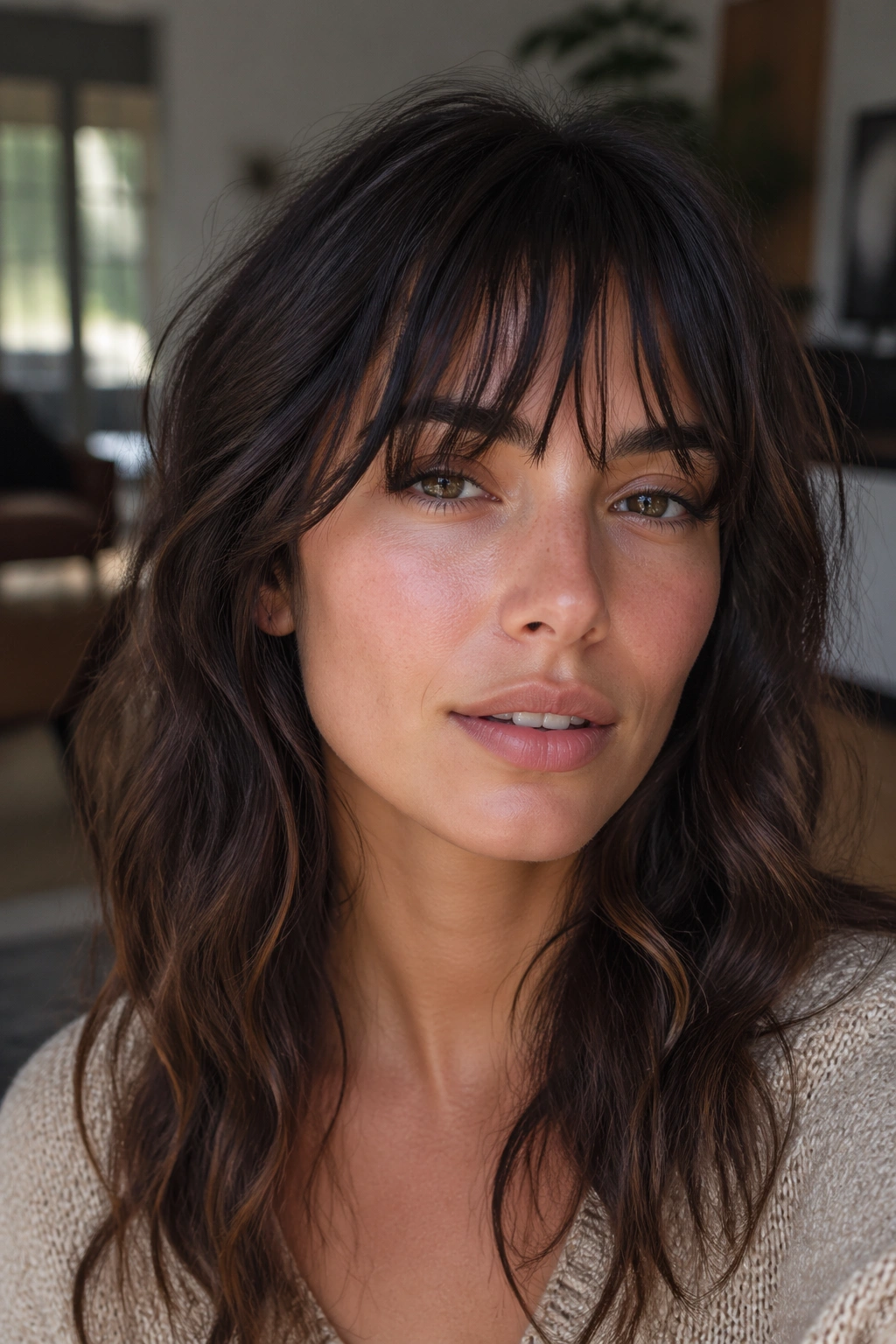 Close-up of a real woman with brow grazing piecey fringe and textured wave