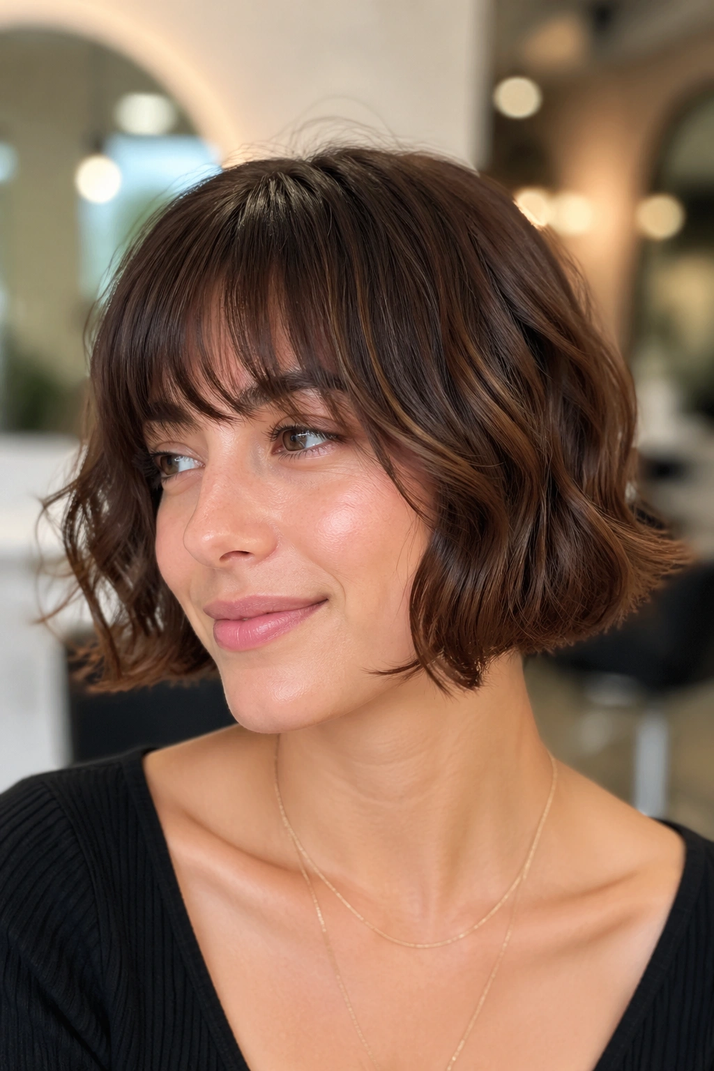 Close-up portrait of a real woman with brow-skimming fringe and tucked ends in a wavy crop