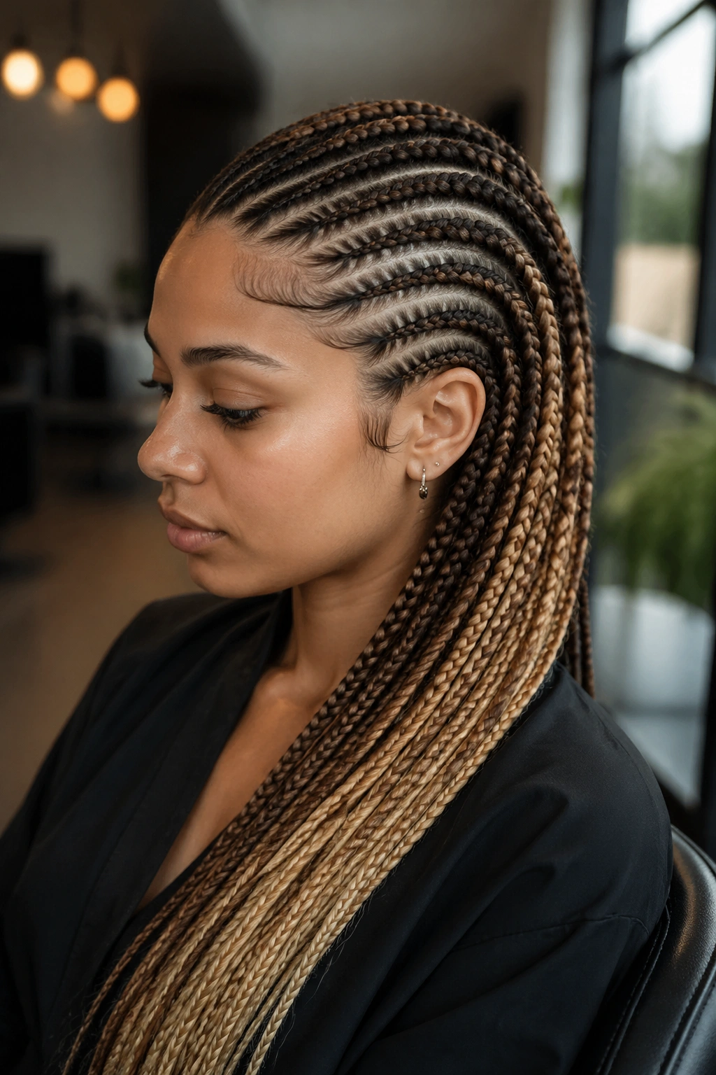 Close-up of a real woman's ombre brown-to-blonde cornrows with balayage