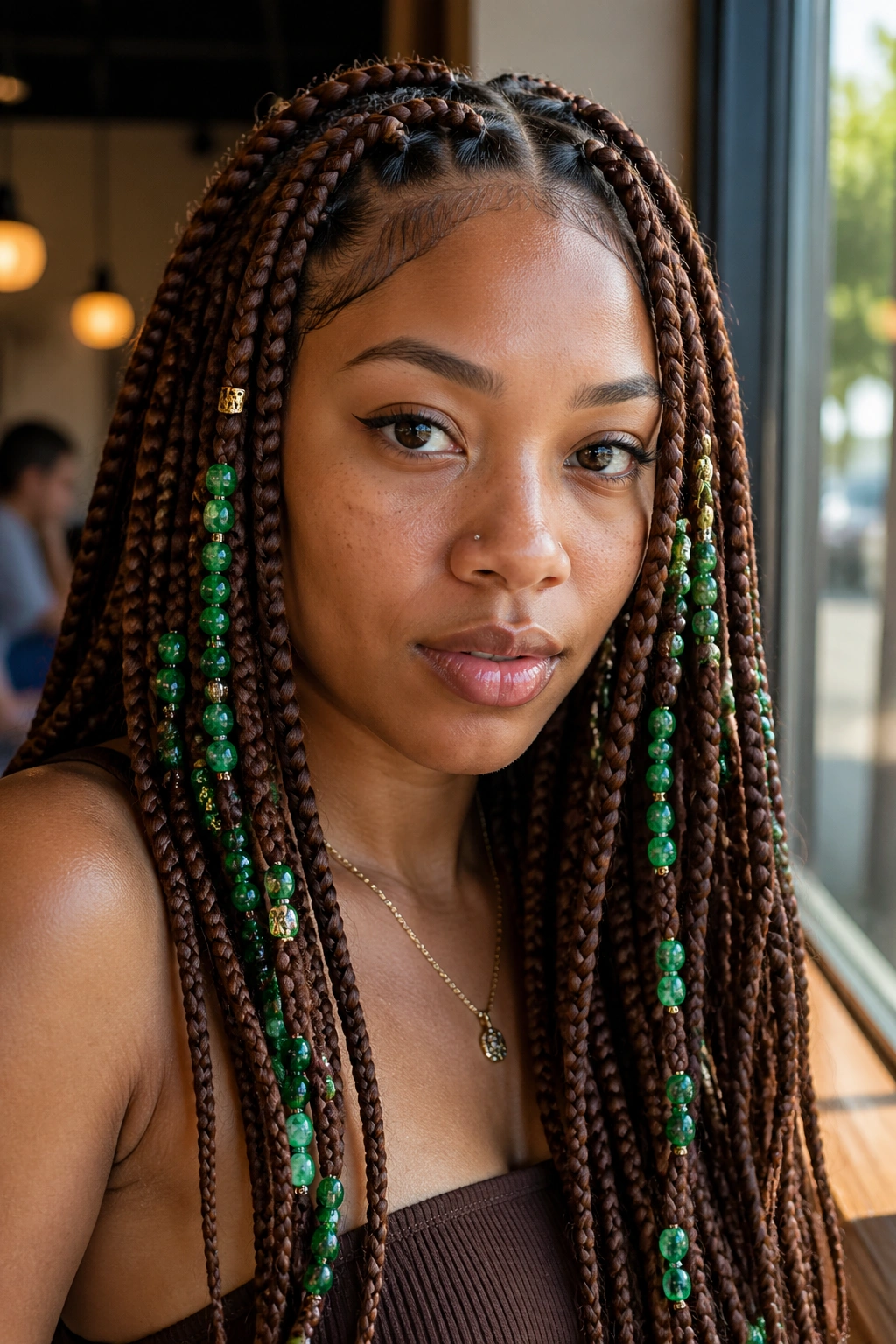 Close-up of a real person with brown box braids adorned with green beads and cuffs