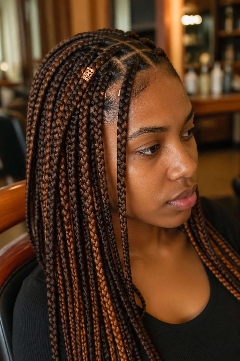 Close-up of a real woman with brown box braids copper cuffs and orange highlights