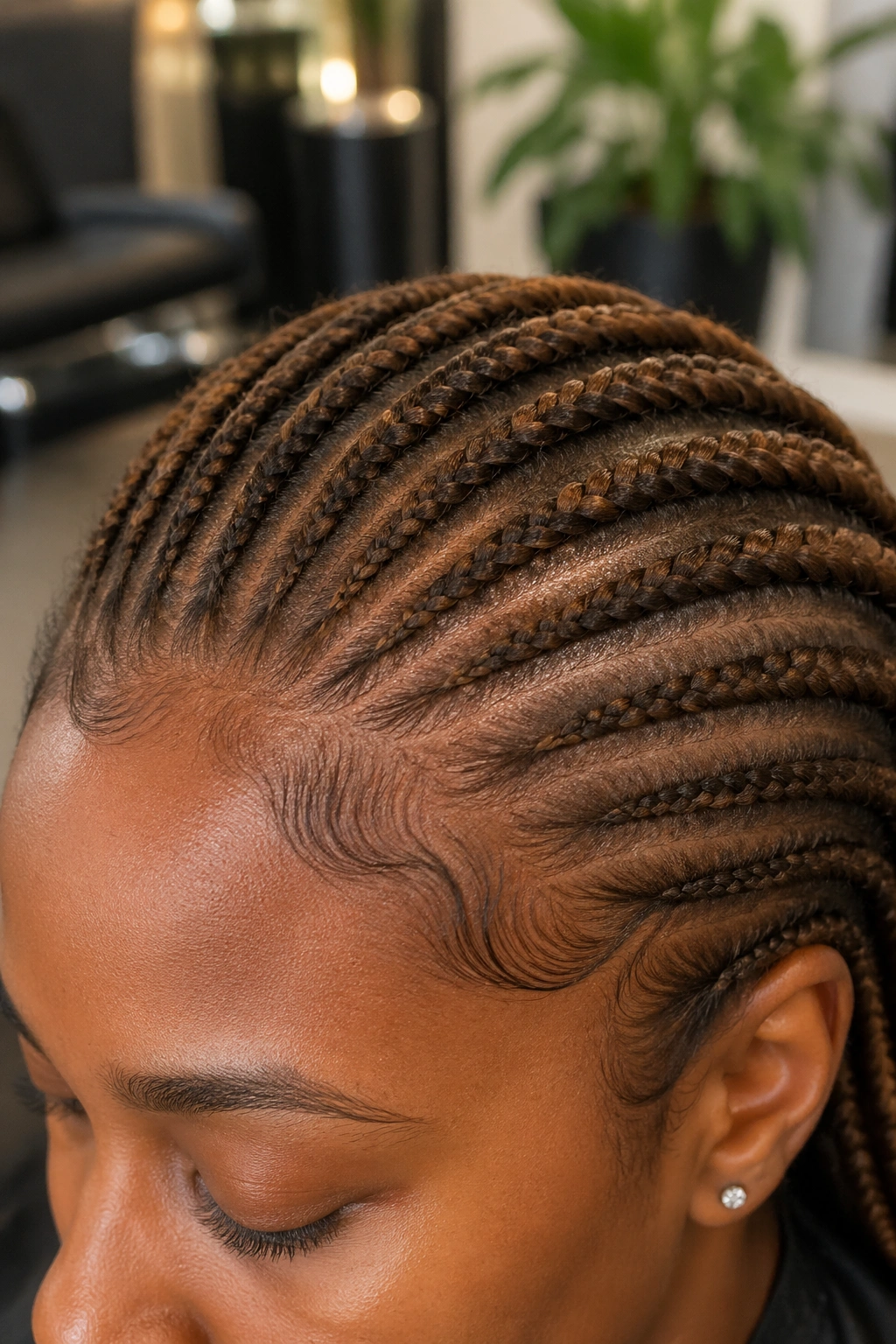 Close-up of a real person's scalp with brown cornrows in a salon.