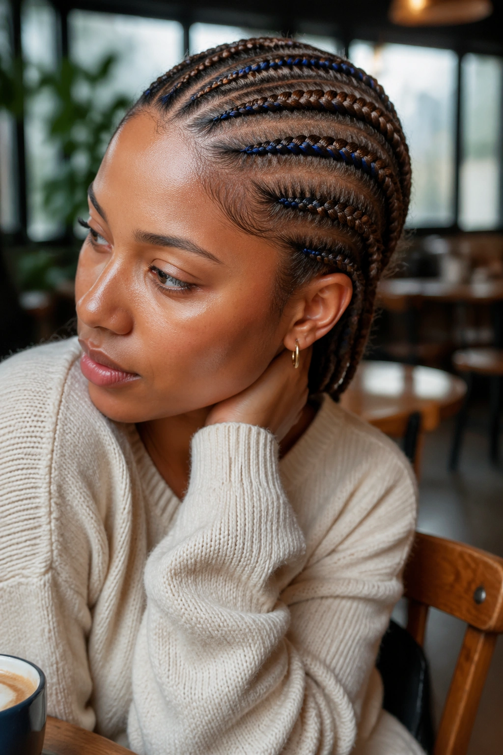 Close-up of a real person with brown cornrows and blue streaks
