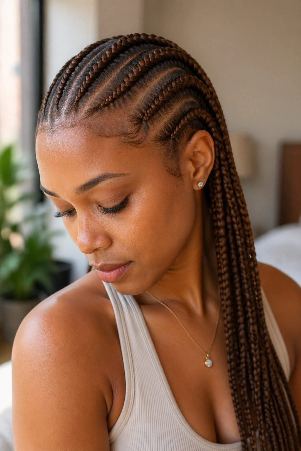 Close-up of a real woman with brown cornrows, natural light.