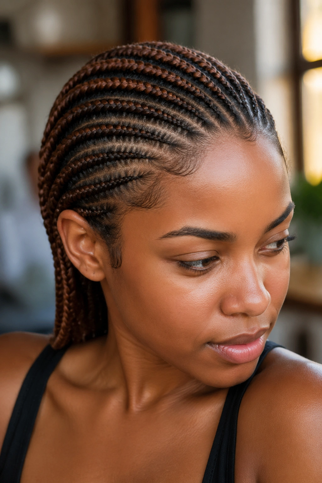 Close-up portrait of a real person with brown-toned cornrows blending with natural hair
