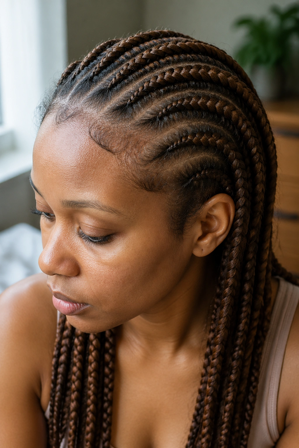 Close-up portrait of brown cornrows showing wear and new growth.